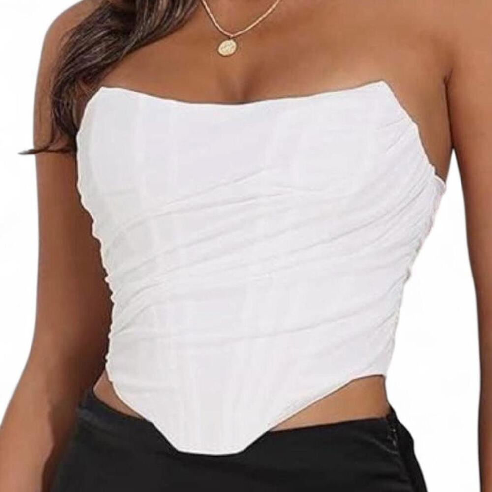 White Strapless Ruched Corset Top Structured Going Out Minimalist Women’s Small
